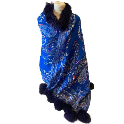 Unika uldsjal - Blå med blå/lilla pels